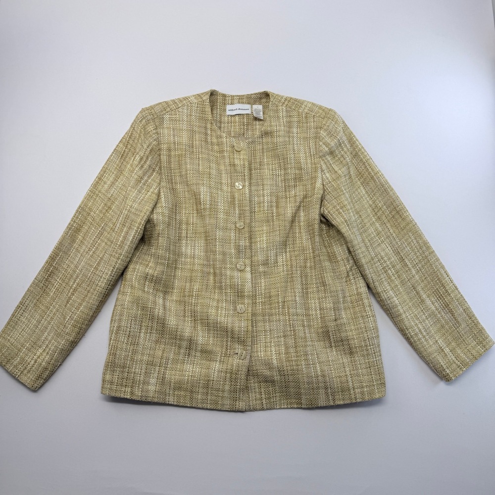 Alfred Dunner Womens 14 Textured Tweed Collarless Blazer Jacket Green Tan Button